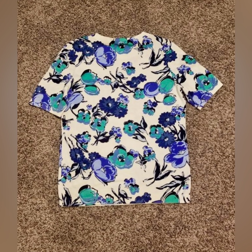 Talbots Scoop Neck Quarter Sleeve Scoop Neck Cotton Blue Floral Pullover Sweater